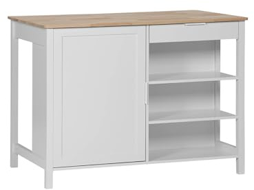 sweeek - Îlot Central de Cuisine MOLENE. Plateau en Bois d'hévéa. 120x75cm. Blanc. 5 étagères. 1 Porte. 1 tiroir. L 120 x P 75 x H 90cm