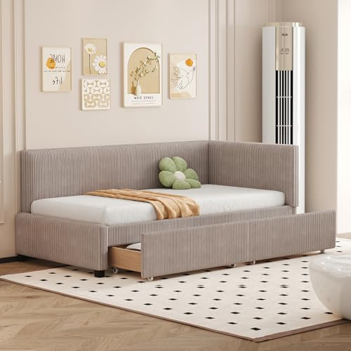Merax Schlafcouch 90 x 200 cm, Schlaffunktion Schlafsofa mit Schubladen, Polsterbett mit Lattenrost, Samtstoff, Grau (Ohne Matratze)