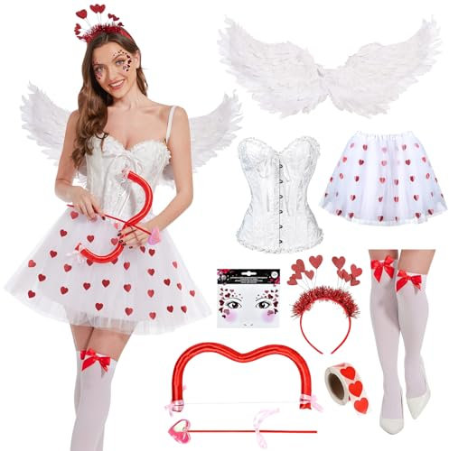 Alas de Ángel Disfraz, Disfraz Angel Mujer, Juego de Alas de ángel, Diadema con Forma de Corazón, Corset, Disfraz de Alas de Adulto para San Valentín, Carnaval, Fiesta (2XL)