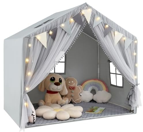 GYMAX Kids Play Tent, Indoor Large Play House with Padded Mat, Door Curtains, Windows, Star Lights & Flags, Toddler Fairy Castle Tent for Girls Boys Gift (Grey)