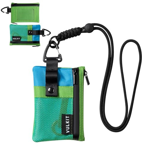 VULKIT Minimalist Small Wallet with ID Window, RFID Blocking Card Holder Water Resistant Zip ID Card Case Wallet with Lanyard Keychain for Cards,Cash,Key, Coin (Green-Blue)
