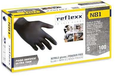 Generico Guanti Nitrile Nero Reflexx N81, Guanti Monouso Nitrile (100/300/1000 Pezzi) Guanti Usa e Getta per Alimenti, Uso Ho.Re.Ca. (100 Pezzi, Taglia S)