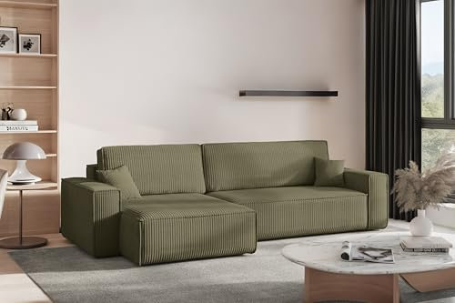 Kaiser Möbel - Ecksofa mit Schlaffunktion - Big Sofa - 274 x 142 cm - Cord Stoff, L Form, XXL, mit Bettkasten - Große Liegefläche 230 x 140 cm - Eckcouch, Wohnlandschaft - Best XL Links, Olive