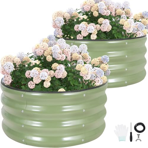 G GOOD GAIN Round Raised Garden Bed - 2Pcs 60x60x30CM Galvanized Steel Planter Boxes Outdoor with Rubber Edge Trim | Metal Raised Beds for Gardening Vegetables Flowers Fruits Herbs (Olive Green