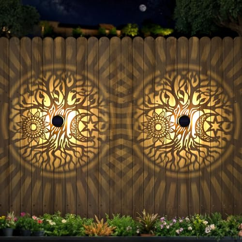 2 Pack Large Solar Fence Lights Metal Solar Powered Outdoor Wall Deck Step Lights Tree Theme Waterproof Fence Light for Garden Post Patio Backyard Yard Decor, Gardening Gifts for Women Mom Grandma