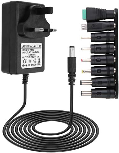 24V 1A Power Supply Adapter UK 100-240v 50/60hz AC to DC with 8 Replacement Tip Universal 5.5x2.1mm Multi Plug Charger for Household Electronics LED Strip Light Router Sound Bar Nail Lamp