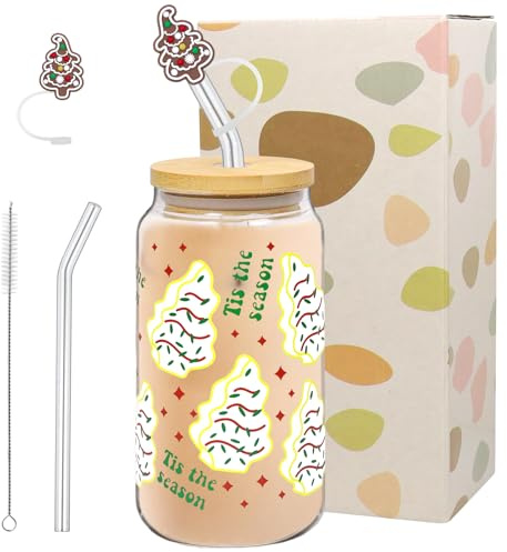 Weihnachtsgläser, 500ml Gläser Weihnachten, Glasbecher mit Deckel und Strohhalm, Weihnachtsglas, Trinkglas Weihnachten mit Glas Strohhalm, Trinkgläser Weihnachtens, Geeignet für Kaffee, Getränke, Saft