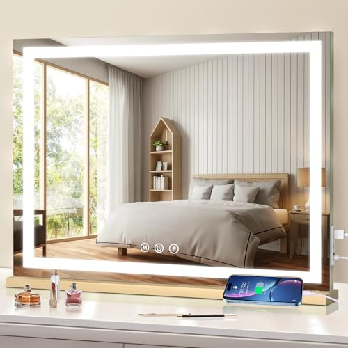 halumao Hollywood Vanity Mirror with Lights, 58 x 48cm Light Up Make up Mirror with Smart Touch 3 Colors Dimmable, dressing table or Wall-Mounted, Memory Function,USB Charging Port gold