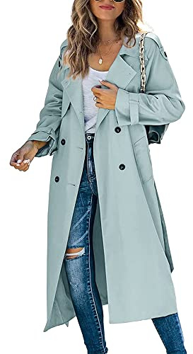 Anuedgis Women's Double Breasted Long Trench Coat Classic Lapel Belted Slim Windproof Overcoat with Belt Fall Going Out Windbreaker Outerwear (A-Blue, L)