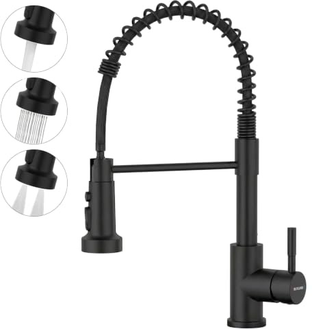 BLYLUND Black Kitchen Tap with Pull Down Sprayer, High Arc Commercial Spring 3 Modes Kitchen Sink Tap, SUS304 Stainless Steel Faucet for Farmhouse Camper Laundry Rv Bar