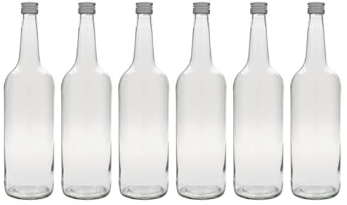 Flaschenland Set di 6 bottiglie di vetro rotonde da 1 l con tappo a vite, versatili per liquori, succhi di frutta, acqua, liquori, resistenti al calore, adatte al microonde e al forno, ideali per la