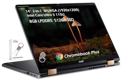 acer Chromebook 2-in-1 Plus Spin 714 with Google AI, Intel Core Ultra 5 115U, 14 WUXGA IPS Touch, 8GB LPDDR5 512GB SSD, Backlit KB Wi-Fi6E Bluetooth Chrome OS, Steel Gray, w/2TB USB Drive, W/GaLiMu
