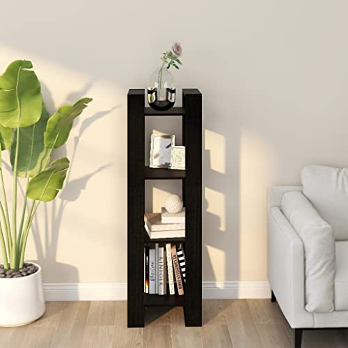 zylophax Bücherregal Raumteiler Schwarz aus massivem Kiefernholz 41x35x125 cm stabiles Standregal Wohnzimmer Regal mit offenem Design vielseitig als Buchregal und Raumtrenner nutzbar