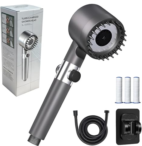 Duschkopf mit Filter, Hochdruck Handbrause mit 3+1 Strahlarten, Filtration in 6 Schichten, Duschbrause mit Stoppfunktion, mit 1.5M Brauseschlauch und Ständer, für Hartes Wasser/Bakterien/Rest-Chlor D1