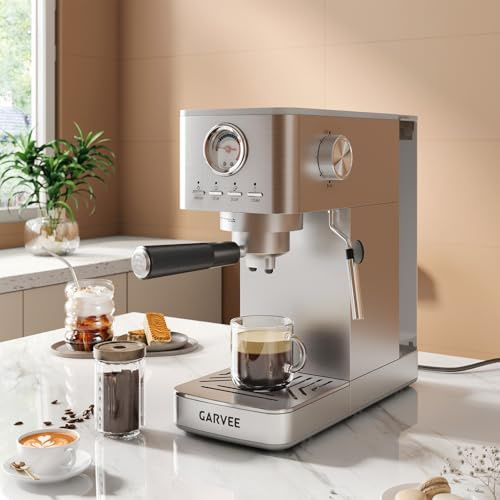GarveeTech Bean to Cup Coffee Machine with Grinder and Milk Frother, 15-Bar Espresso Coffee Machine, 1.4L Stainless Steel Barista Coffee Maker for Latte, Cappuccino