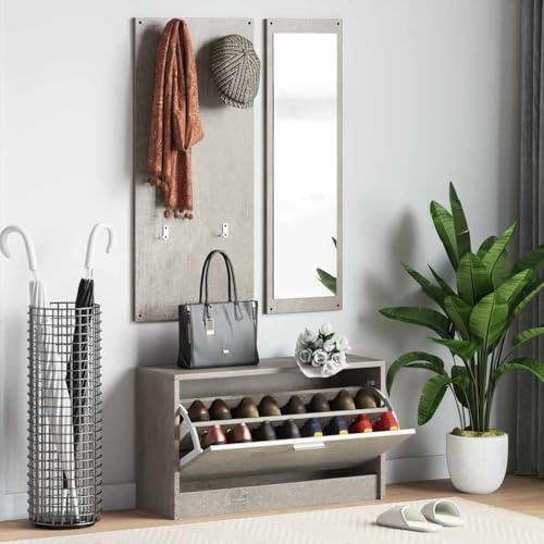 mzdioop Lot de 3 meubles de couloir en bois gris béton avec armoire à chaussures, porte-manteau et miroir, peu encombrant pour entrée et entrée, rangement stable pour chaussures, manteaux et