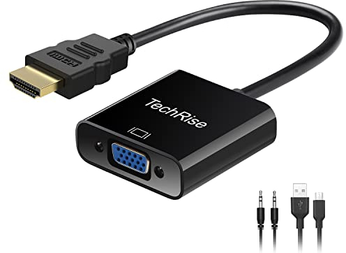 TechRise HDMI to VGA Adapter Cable, Gold Plated 1080P HD Monitor Adapter, Male to Female Converter with 3.5mm Audio and Micro USB Charging Cable, Compatible for PC TV Monitor Computer Projector