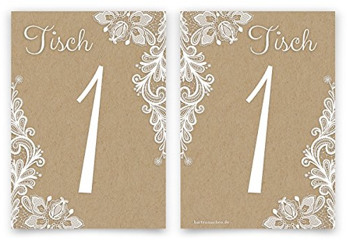 10 x Hochzeit Tischnummern individuell Menge Nummer Name wählbar - Rustikal Kraftpapier Look
