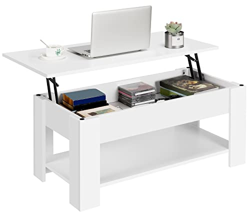 Yaheetech Mesa de Centro Elevable y Extensible 98x50x(41,8-56) cm | con Revistero Mesa de Salón o Comedor Mesita Cafe con Estante Almacenamiento Oculto Blanco
