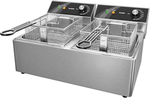 TOPKITCH Friggitrice commerciale in acciaio inox con doppio serbatoio con 2 cesti di capacità 10 L x 2 friggitrice elettrica per piano di lavoro ristorante e uso domestico 120 V 3600 W
