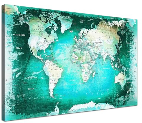 LANA KK - Premium Pinnwand Weltkarte - Türkis - Deutsch - in 100 x 70 cm, stabile Rückwand zum Pinnen inkl. Starterkit - Leinwand-Kunstdruck Wandbild Landkarte XXL