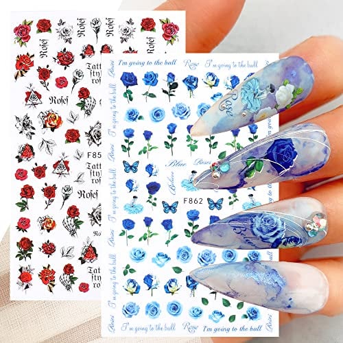 10 Sheets Spring Red Rose Nail Art Stickers Decals Self-Adhesive Blue White Yellow Pink Flowers Floral Design Manicure Tips Nail Decoration for Women Girls