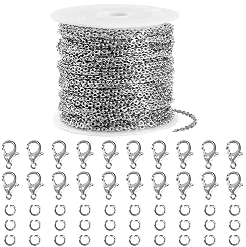 Link Kette, Edelstahl Kabel Kette, 10 Meter Gliederkette Halsketten mit 30 Biegeringen und 20 Karabinerverschlüsse für Männer Damen Schmuck Basteln Herstellung DIY Handwerk, 2mm
