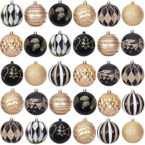 Weihnachtskugeln Weihnachtsbaumschmuck-Set,30Stück Kunststoff Weihnachtsbaumkugeln mit Aufhänger Weihnachtsbaum Deko Christbaumkugeln Dekorationen für Weihnachten (Schwarz Gold)