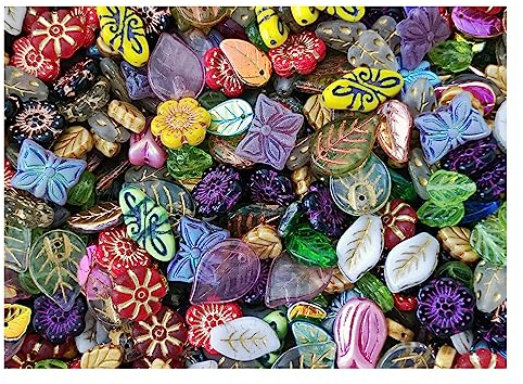 65 g Glasperlen-Mix, Blumen und Blätter, Tschechisches Glas (Mix Beads)