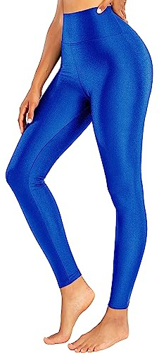 Sghenr Dam hög midja yogabyxor magkontroll glänsande sporttights träning leggings, Shinyblue, M