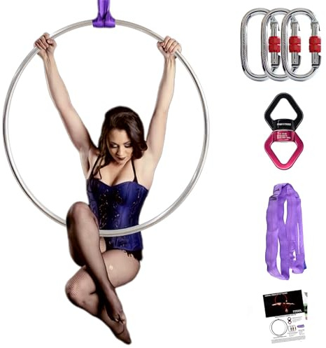 PRIOR FITNESS Juego de aros aéreos, aro profesional de Lyra, 95 cm, equipo de anillo aéreo plateado sin pestaña con accesorios completos de aparejo, kit de aro de antena de circo fitness