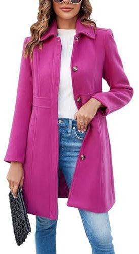 Onsoyours Manteau en Laine Femme Jacket Trench Coat Gilet Blazer Hiver Long Elegant Slim Chaud Revers À Double Boutonnage Veste avec Ceinture Vintage Mode Coat Outwear B Rose Rouge L