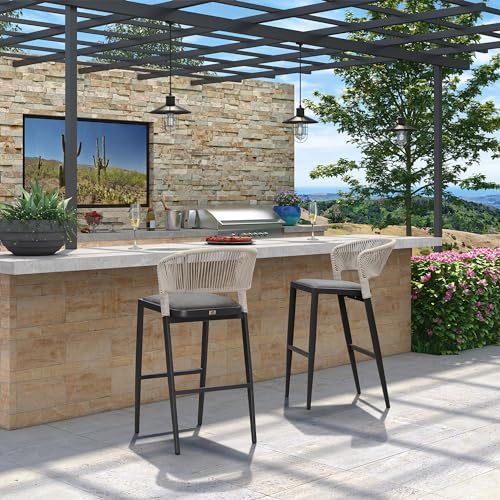 PURPLE LEAF Hoher Barhocker 2er Set, Gartenstühle mit Alu-Gestell Tresenhocker Rattan, Designer Barstuh, mit Fußstütze & Lehne, Gepolsterte Sitze, für Bar, Cafés, Grau