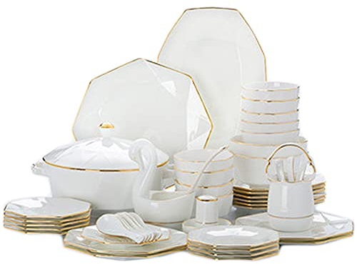 Set di stoviglie in ceramica con bordo in oro Set di stoviglie in ceramica floreale in ceramica bianca moderna fatta a mano adatto per il ristorante dell'hotel per famiglie 60 pezzi