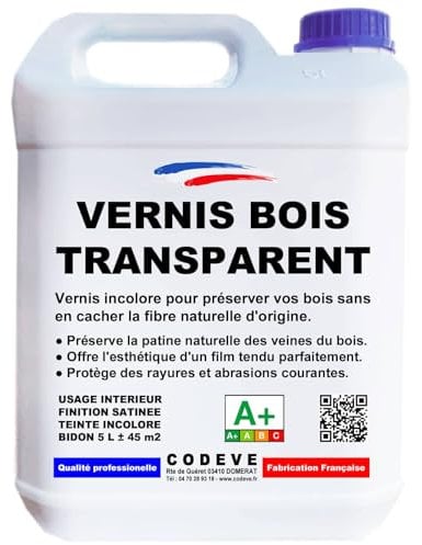 Vernis Transparent Bois - Codeve Bois - 5 L - Intérieur - Pour Conserver Toute La Transparence Des Veines Du Bois Sans Les Masquer.