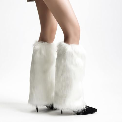 SCJJZ Stulpen für Damen,Weiße warme Fußsäcke, pelzige Schuhüberzüge und Sockenhaufen, Plüschgamaschen und Socken für Frauen im Herbst und Winter, verdickte kältebeständige Socken (40 cm)
