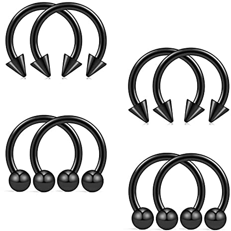 PULABO 8 Stücke Chirurgenstahl Ball&Amp; Spike Horseshoe Nase Septum Piercing Ring Schwarz Set Ball Cone tragbar