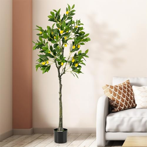 TANGZON Artificial Lemon Tree, 80cm/120cm/160cm Fake Lemon Plants with 9/18/27 Lifelike Lemons & Cement Pot, Indoor Outdoor Potted Decorative Faux Tree for Home Office Living Room Porch (1, 160cm)