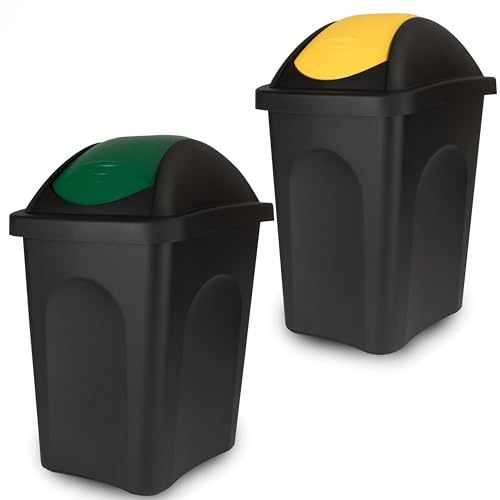 Hummelladen Lot de 2 Poubelles de Cuisine à Couvercle Basculant 30 L Jaune/Vert, Système de Tri Sélectif, Polypropylène, Noir, Rectangulaire, 2 x 30 L