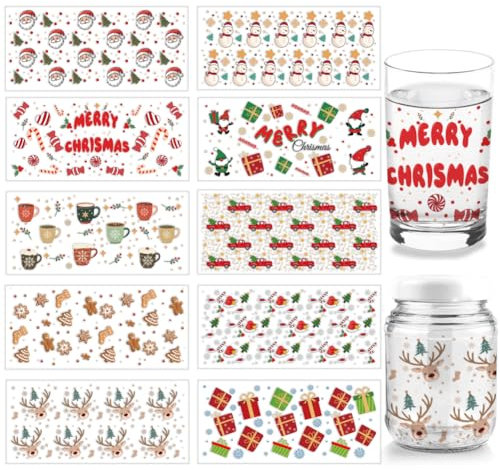 arricraft 10 Blatt UV DTF Transferaufkleber Für Tassenverpackungen Mit Weihnachtsmotiv 10 Stil 11x24cm Weihnachtsmann Aufkleber Zum Aufreiben Für 16 Unzen Glasbecher Möbel Basteln Holz DIY