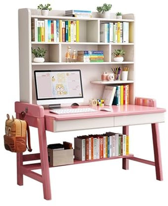 SZSXYBZ Schreibtisch aus Massivholz mit integriertem Bücherregal, ideal für Heimbüro oder Schlafzimmer (Rosa, 120 x 60 x 186 cm)