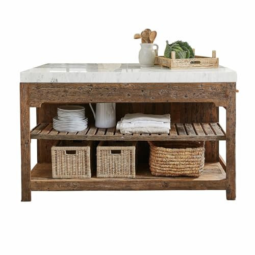 Loberon Küchenblock Tresienne, Edel & Rustikal, Seitlich Ausziehbarer Tisch, Großzügige Regalböden, Natürlicher Used-Look, Küchenmöbel, Salbaumholz, Marmor, antikbraun/weiß