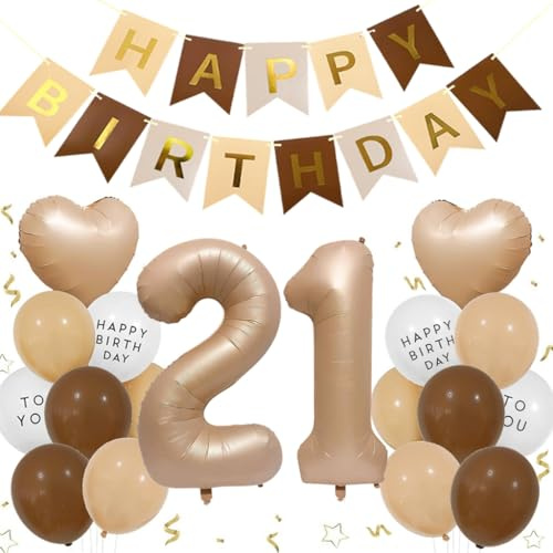Feelairy Geburtstagsdeko 21 Jahre Frauen, 21 Geburtstag Deko Ballons Beige Creme Folienballon 21 Braun, Luftballon Beige Aprikose Happy Birthday Girlande, Ballon 21 Deko zum Geburtstag Männer Frauen