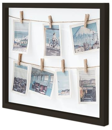 Gwezmxs Bilderrahmen Collage mit Klammern und Leine für Mehrere Fotos Aufhängen, Photo Frame with Clips - Schwarzer Rahmen, 32X32cm