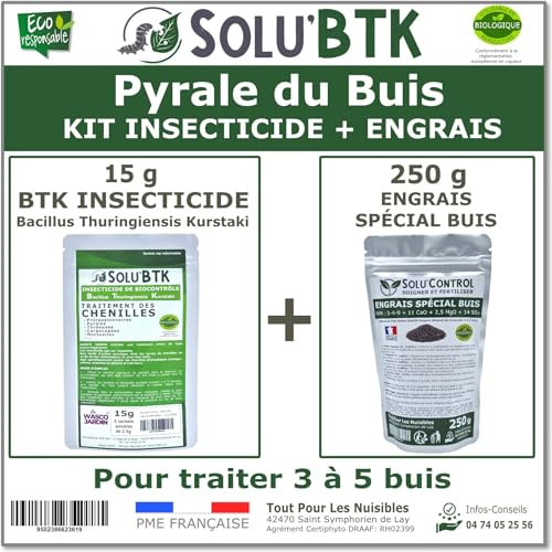 SoluBTK - Kit de Traitement Pyrale du Buis : Insecticide Biocontrôle BTK 15 g + Engrais Spécial Buis 250 g pour Chenilles et Régénération des Feuilles