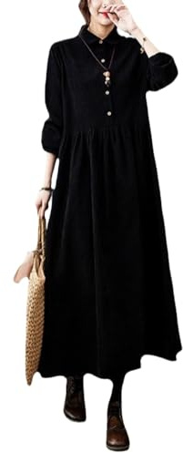 Suncadmious Vestiti da Donna in Velluto a Coste Tinta Unita Larghi Primaverili Autunnali e Invernali con Bottoni Camicia Lunga Gonna a Pieghe a Trapezio Maniche Lunghe Bavero Midi (Nero,M)