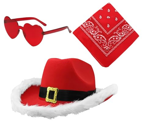 Weihnachten Cowgirl Hut Weihnachten Cowboyhut Set - Western Hut Cowboy Hut | 3 Cowgirl Brille mit Bandana Vintage Bandana Brille Herz Brille Verstellbarer Hut für