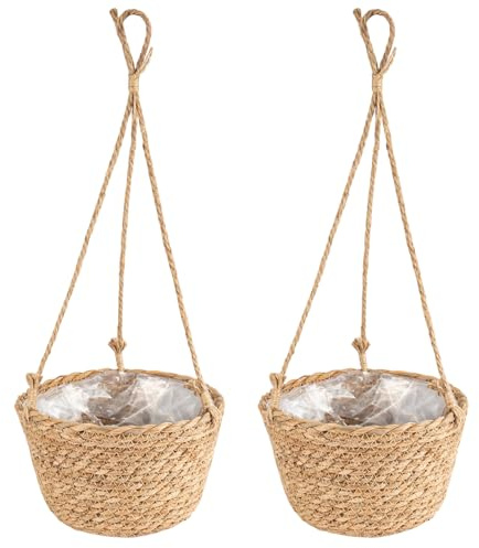 EVERGOODS Hanging Basket 2 Pack – 19cm Indoor & Outdoor Plant Pots with Jute Rope, Foldable Seagrass Macrame Planters for Succulents, Herbs, Home & Garden Décor