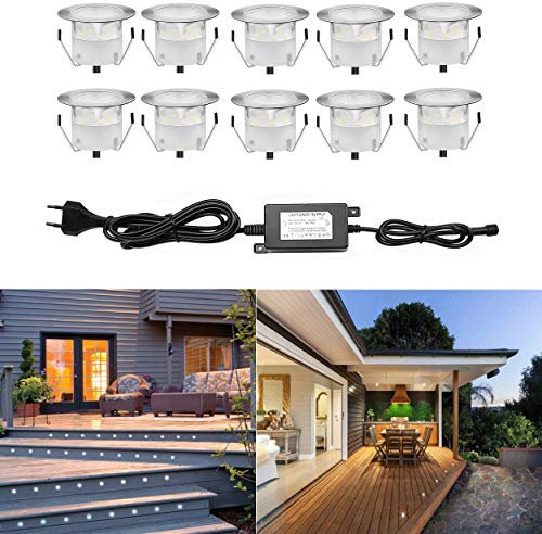 CHNXU 10 Spot LED Eclairage Extérieur Encastrable Sol Terrasse Bois,45mm Spots Encastré Extérieur Fait en IP67 DC12V 1W Avec Alimentation EU Pour Jardin Escalier Patio Blanc Froid