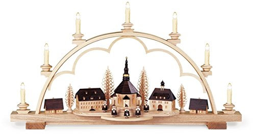 Rudolphs Schatzkiste Lichterbogen Schwibbogen Seiffener Dorf mittelgroß Natur komplett elektrisch beleuchtet (230V 50Hz) (LxBxH):80x15x43cm NEU Lichterbogen Fensterbogen Spitzbogen Erzgebirge